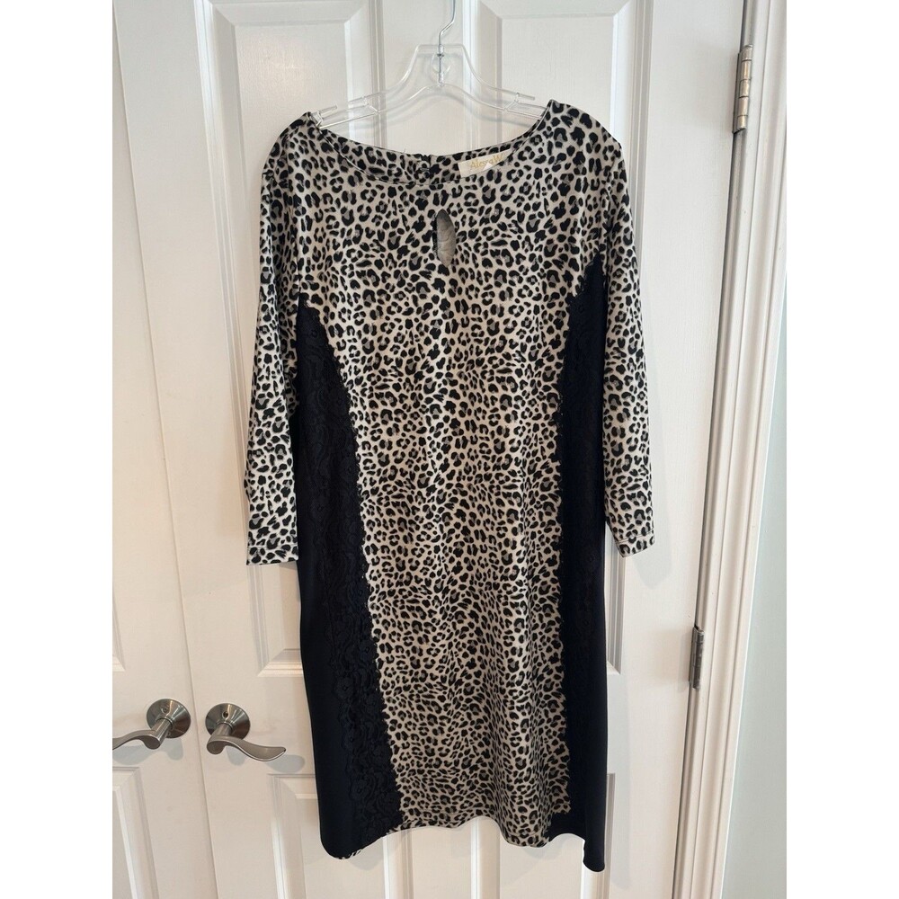 Alessa W Collection Women's 16 Sheath Dress Leopard Lace Black/Beige 3/4 Zip